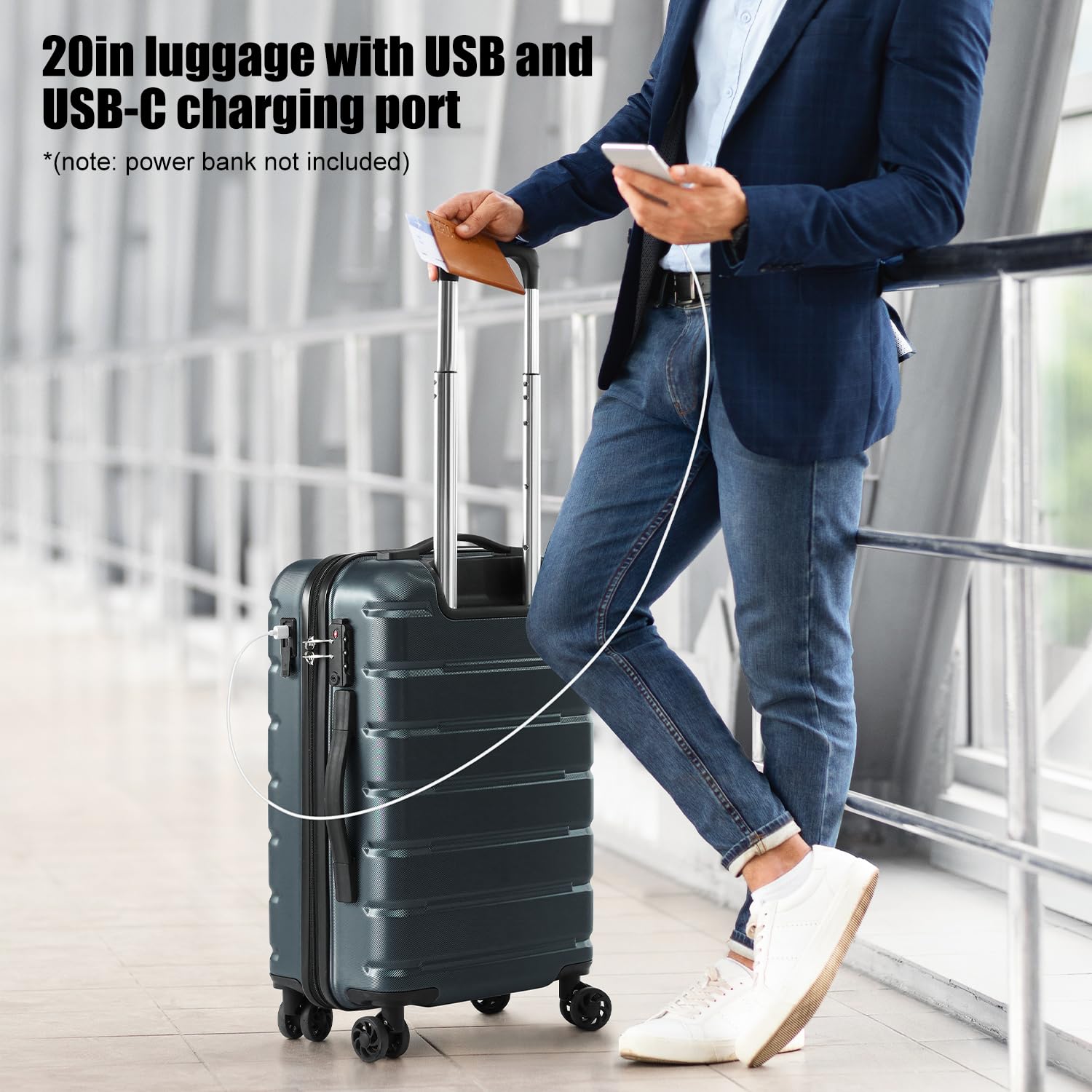 Coolife Luggage Suitcase Carry-on Spinner TSA Lock USB Port Expandable (only 28’’) Lightweight Hardside Luggage (Teal Blue, S(20in_carry on))