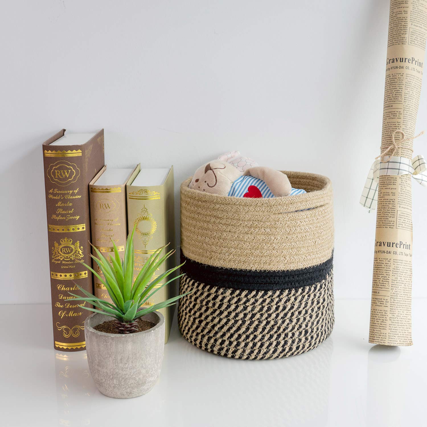 TIMEYARD Sturdy Jute Rope Plant Basket Modern Woven Basket up to 7.5 Inch Flower Pot Floor Indoor Planters, 8” x 8” Storage Organizer Baskets Rustic Home Decor, Black Stripes