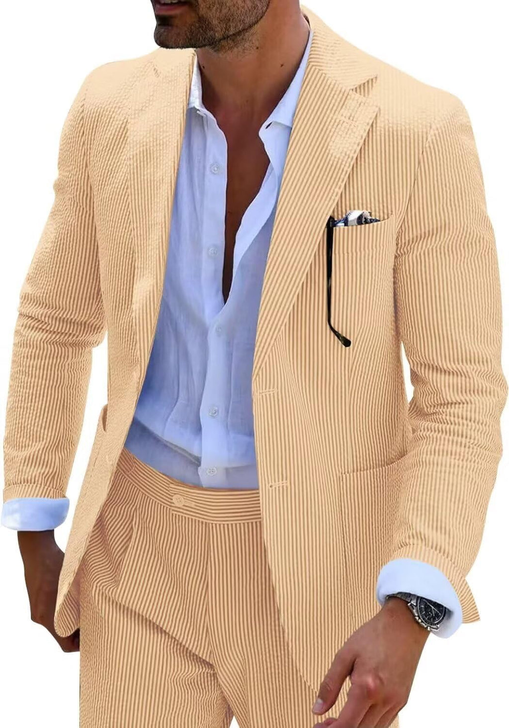 Wehilion Men's Seersucker Summer Suit Groom Wedding Seersucker Outfit Slim Fit Formal Suit Set for Men
