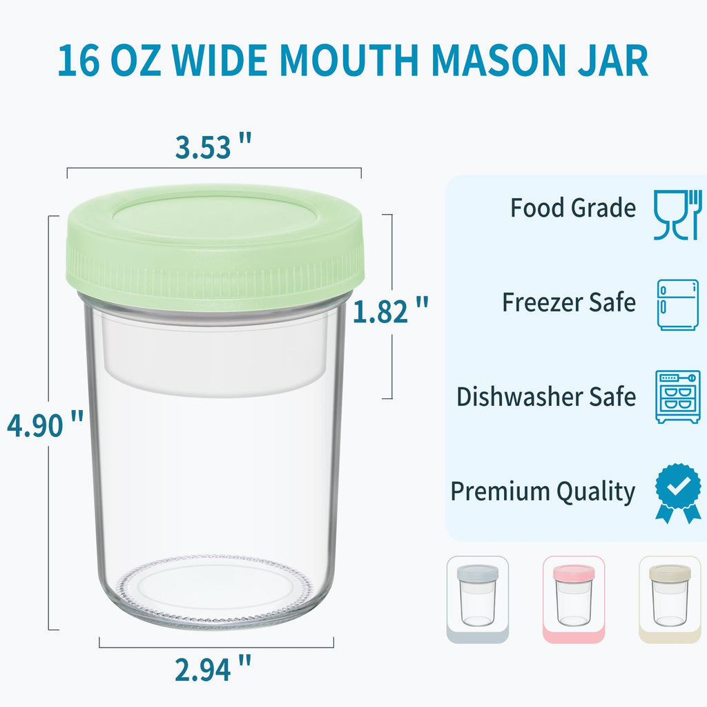 Xyptorix 16 oz Overnight Oats Containers with Airtight Lids - 2-Pack Leak-Proof Wide Mouth Mason Jars & Divided Cups for Dried and Wet Foods, Glass Jars for Chia Pudding, Salad, Snacks, and Yogurt