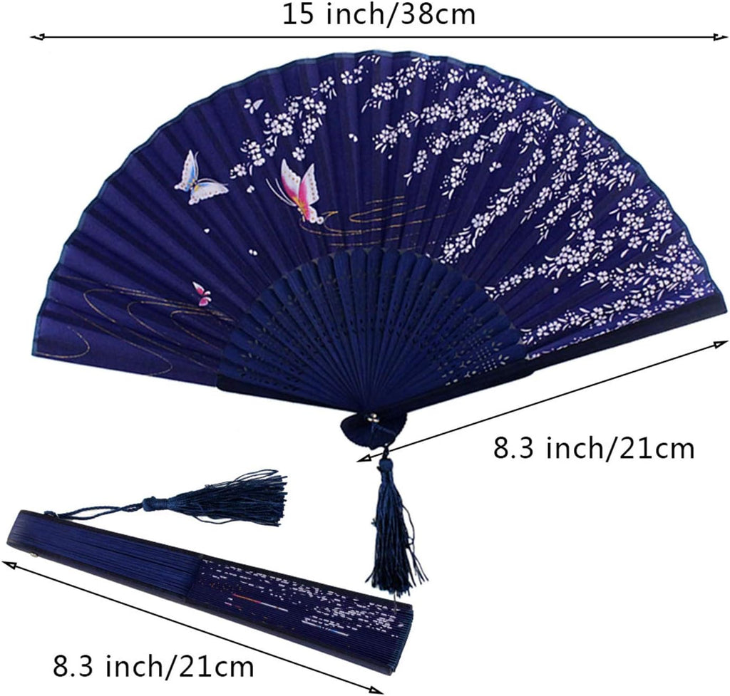 Bantoye 2 Pieces Handheld Fans, Silk Folding Fans with Bamboo Frames for Dancing Cosplay Wedding Party Props Decoration, White Blue