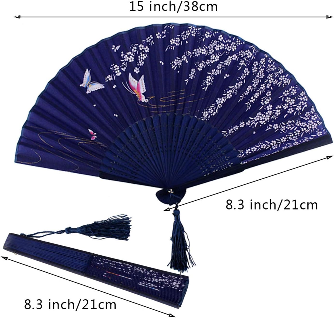 Bantoye 2 Pieces Handheld Fans, Silk Folding Fans with Bamboo Frames for Dancing Cosplay Wedding Party Props Decoration, White Blue