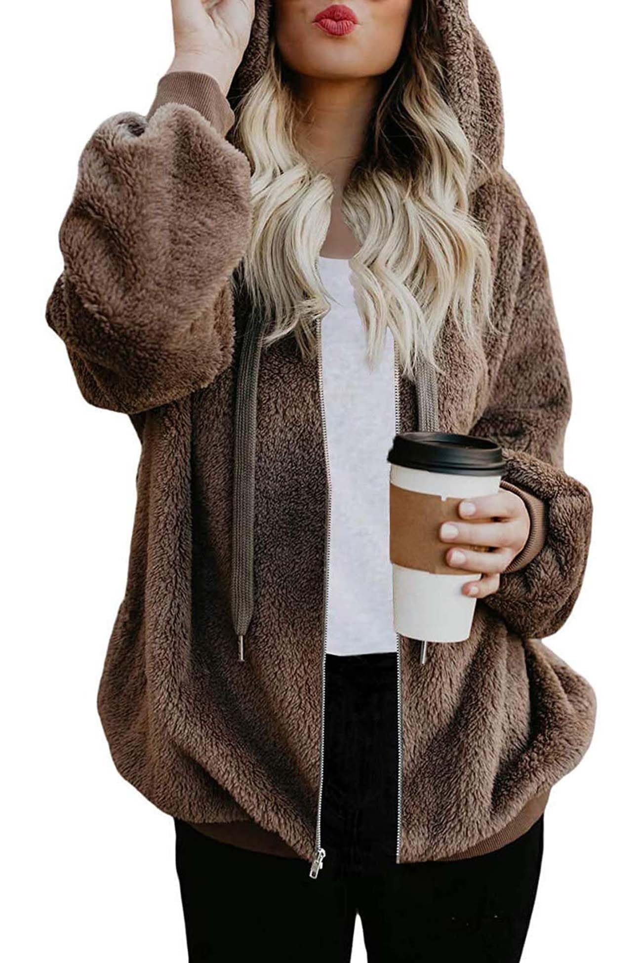 ReachMe Womens Oversized Sherpa Jacket Fuzzy Fleece Zip Up Hoodies with Pockets Warm Fall Outfits Winter Coats