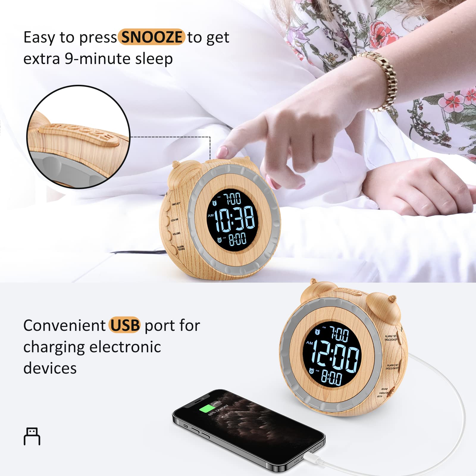 uscce Loud Dual Alarm Clock with Bed Shaker - 0-100% Dimmer, Vibrating Alarm Clock for Heavy Sleepers or Hearing Impaired, Easy to Set, USB Charging Port, Snooze, Battery Backup