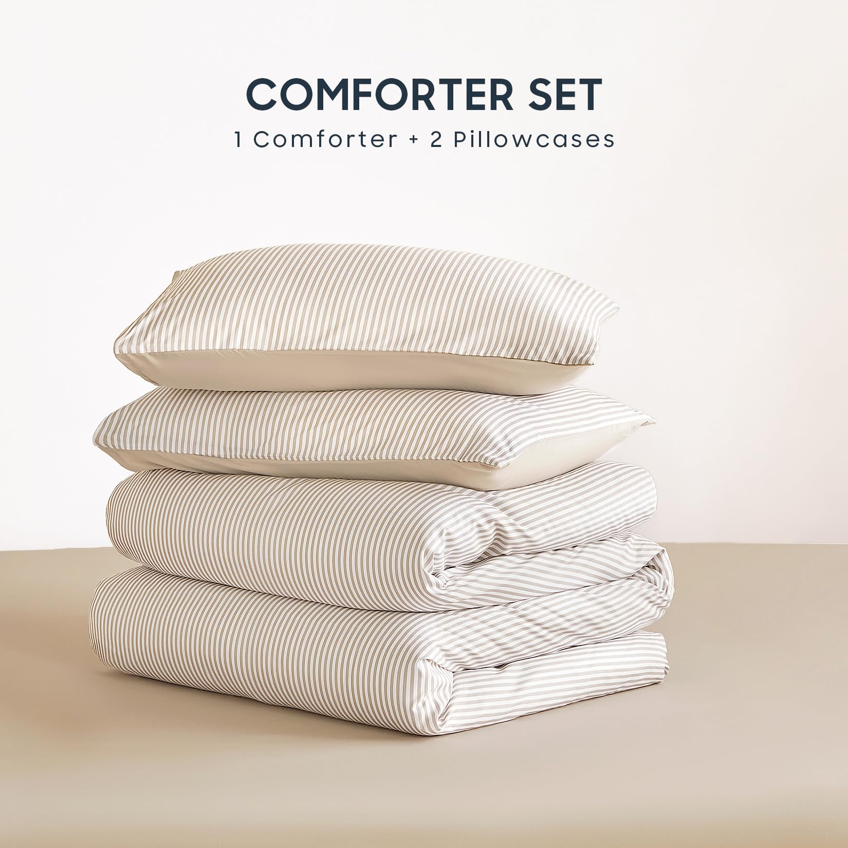 Wake In Cloud - Striped Comforter Set, Ticking Stripe Vertical Pinstripe Neutral Farmhouse Pattern Printed, Soft Lightweight Bedding, 3 Pieces, Blue White, Twin/Twin XL Size