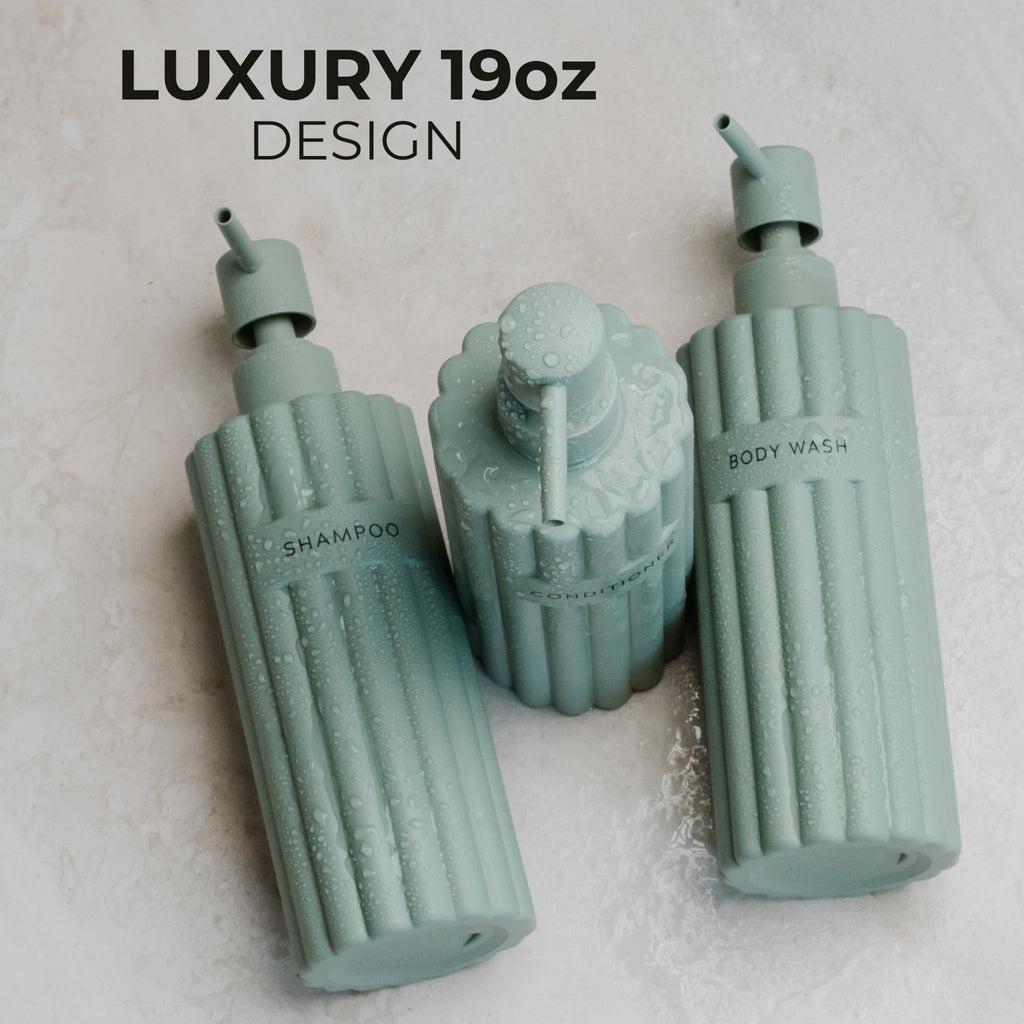 Stylish Shampoo and Conditioner Dispenser Set of 3 - Modern 19oz Shower Soap Bottles with Pump and Labels - Easy to Refill Body Wash Dispensers for an Instant Bathroom Decor Upgrade