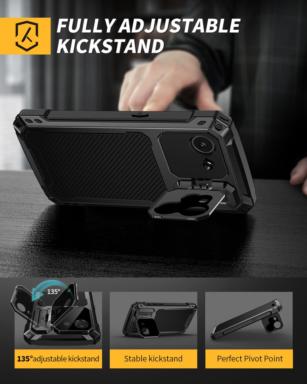 Lanhiem for iPhone 16 Metal Case with Camera Cover & Stand [Compatible with MagSafe] [Built-in Kickstand] [Military-Grade Protection] Heavy Duty Rugged Magnetic Phone Case, Black