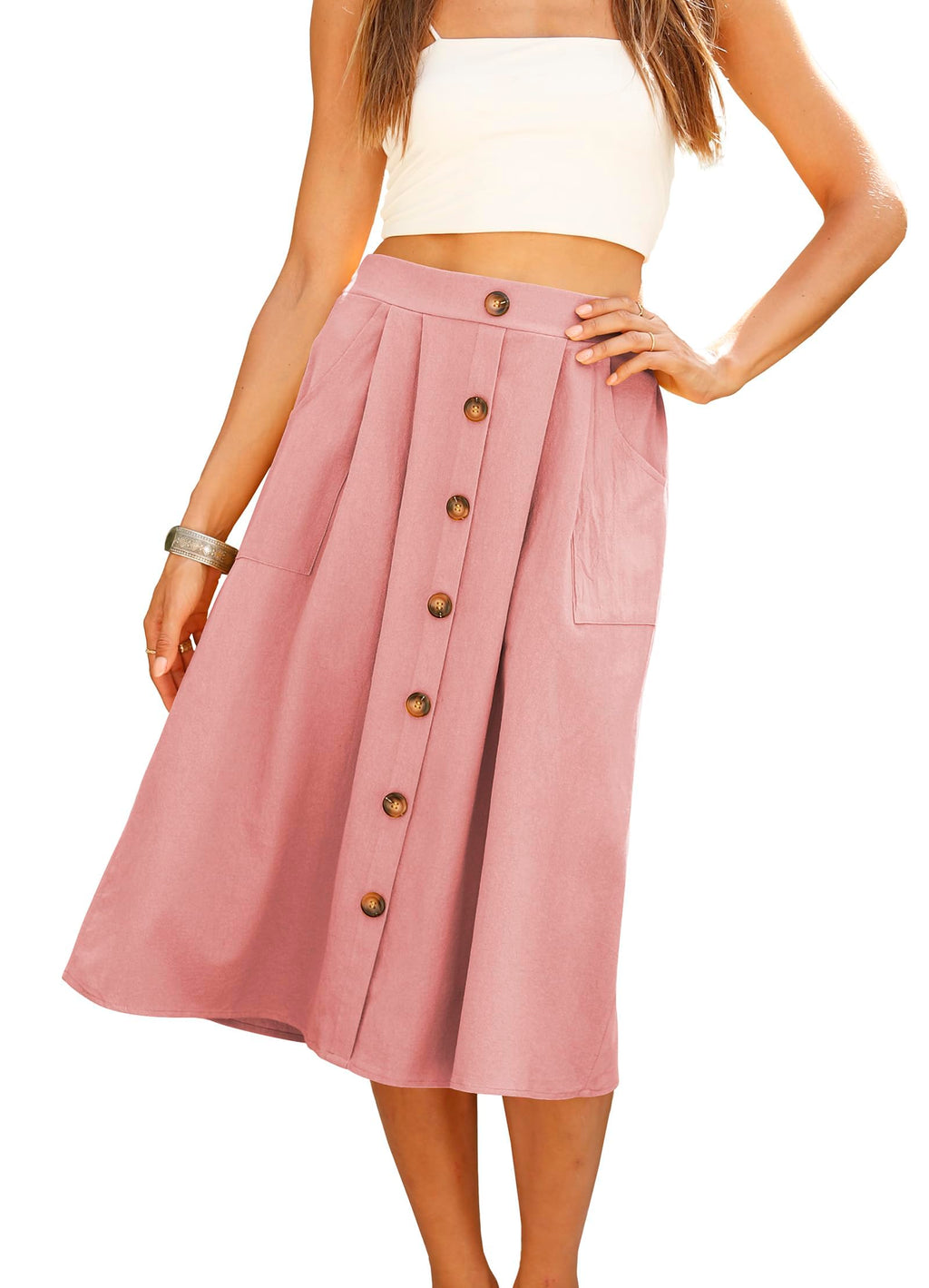 Naggoo Womens Summer Skirts Casual Front Button A-Line High Waisted Midi Skirt with Pockets