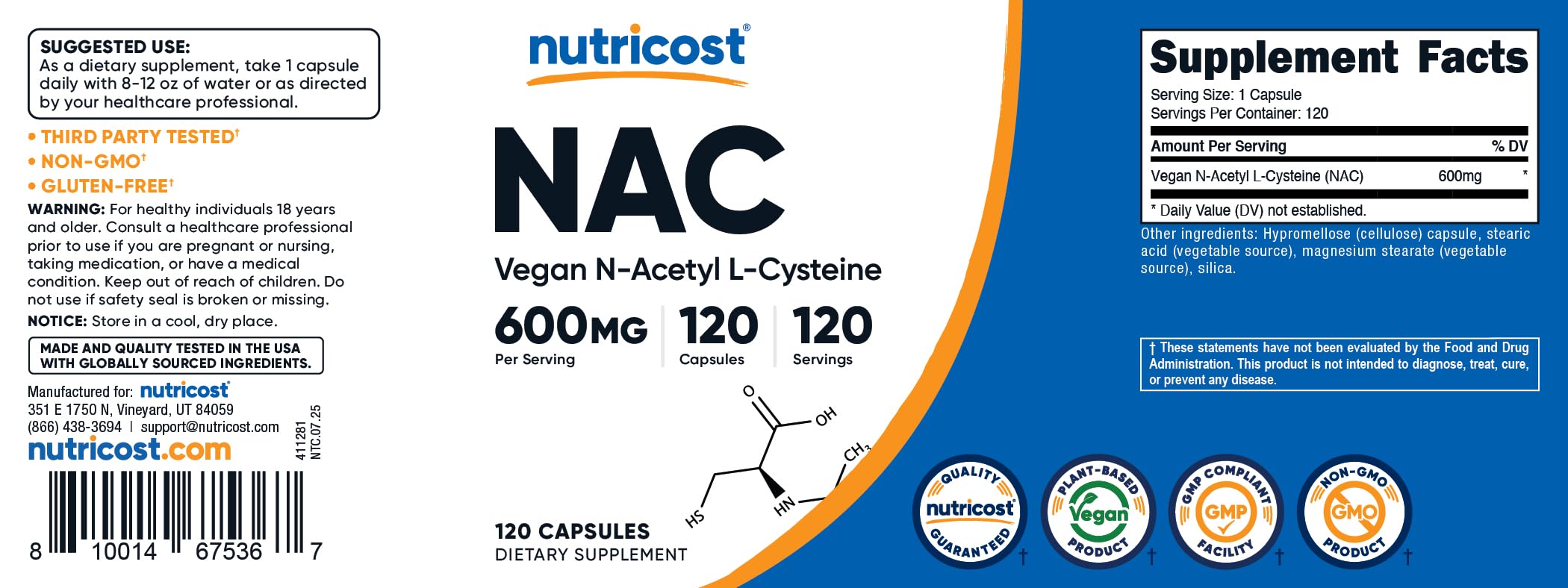 Nutricost N-Acetyl L-Cysteine (NAC) 600mg, 30 Vegan Capsules - GMO Free, Gluten Free, Vegetarian Caps