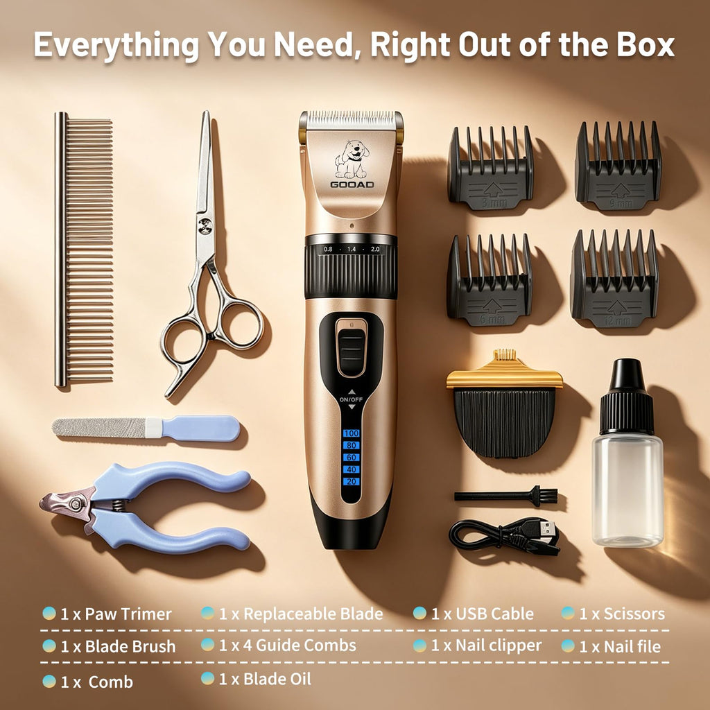 Dog Clippers Grooming Kit and Paw Trimmer,Cordless,Low Noise, Electric Quiet,Rechargeable, Dog Trimmer Grooming, Pet Hair Clippers for Thick Coats,Shaver for Small and Large Dogs Cats(Black)