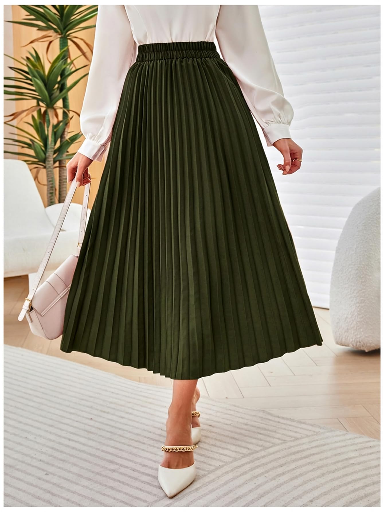 SweatyRocks Women's Casual Solid Longline Pleated Long Skirt