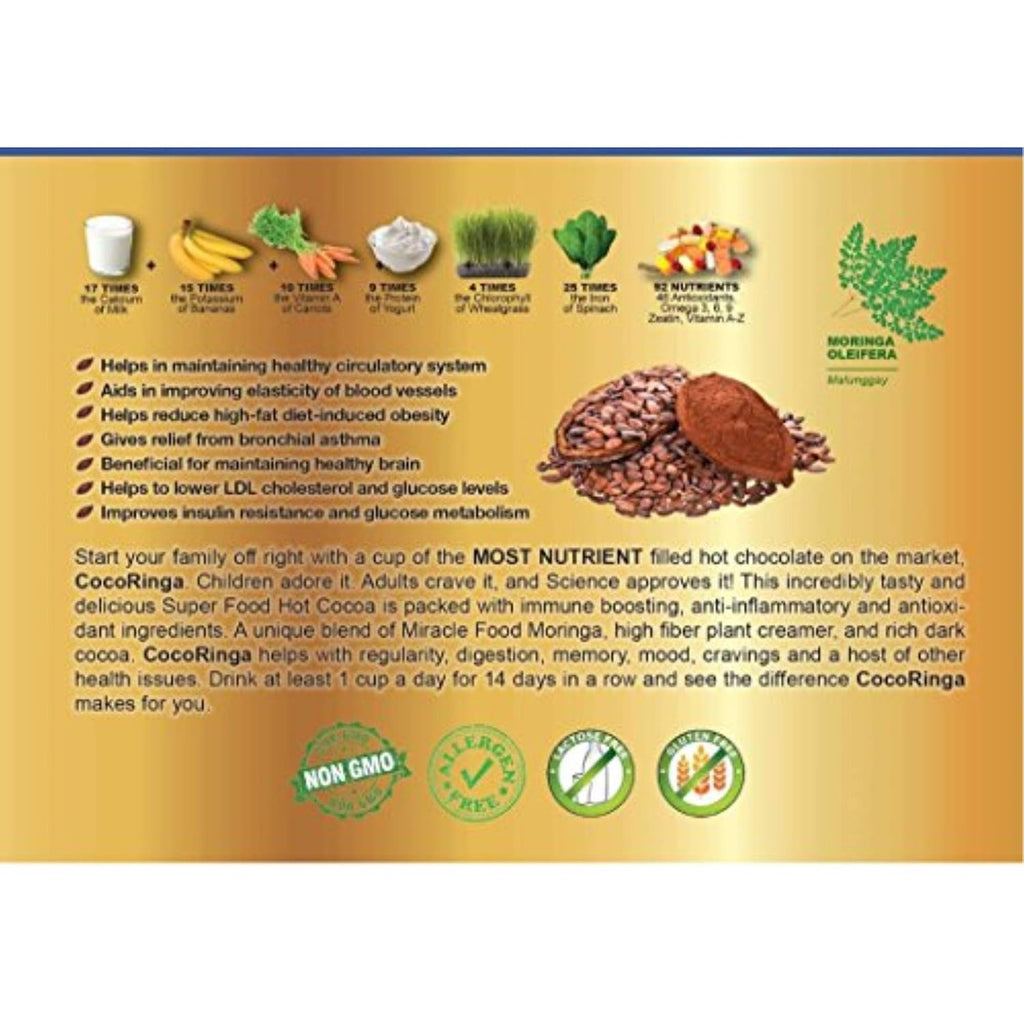 COCORINGA Moringa Hot Chocolate Cacao (LARGE box) First Natural Keto Non-dairy Hot Cocoa, Caffeine Free, Low Carb, High Protein, Sugar Free,