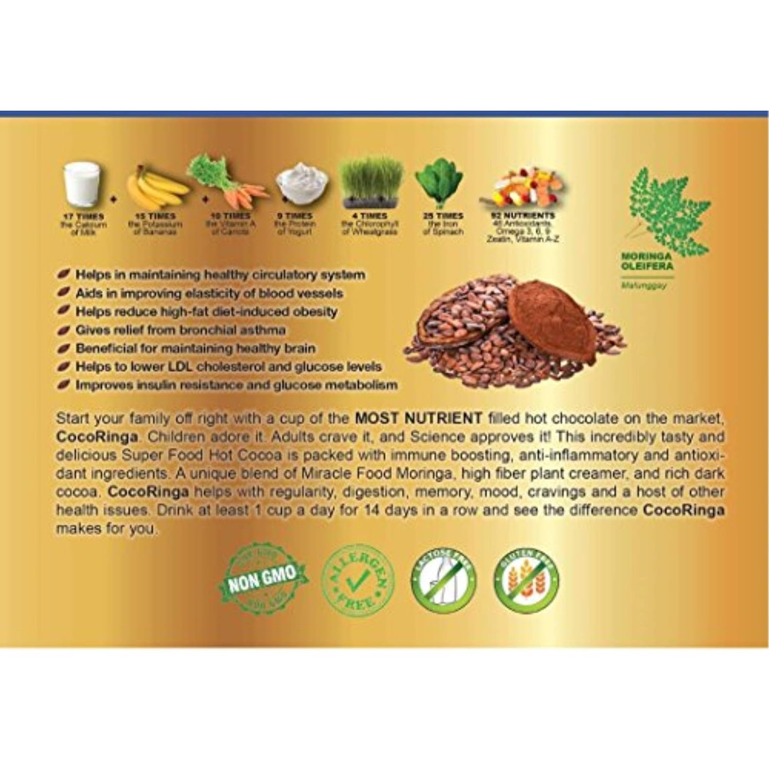COCORINGA Moringa Hot Chocolate Cacao (LARGE box) First Natural Keto Non-dairy Hot Cocoa, Caffeine Free, Low Carb, High Protein, Sugar Free,