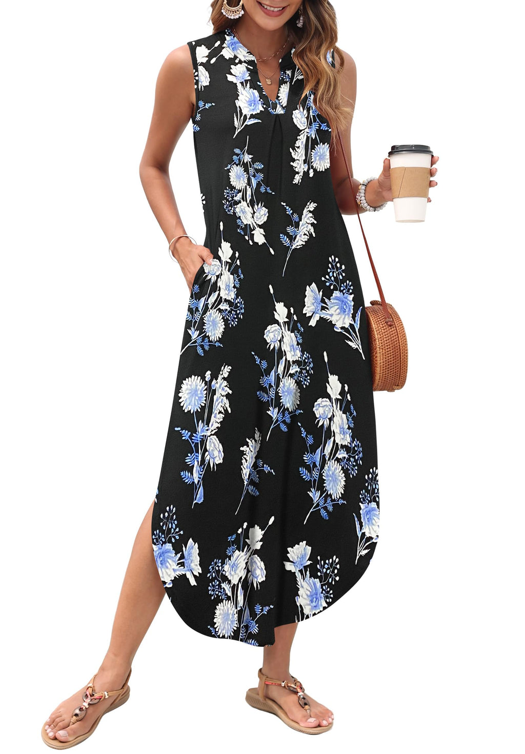 AUSELILY Womens Summer Casual Maxi Dresses 2026 Sleeveless Long Beach Dresses V Neck Loose Sundresses with Side Split Pockets