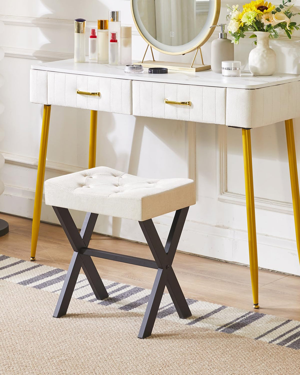 IBUYKE U-Shaped PU Vanity Stool, Square Makeup Chair with X-Leg, Ottoman Seat Footrest Stool, Multi-Use as Small Side Table, for Bedroom, Living Room, Black WBD019B