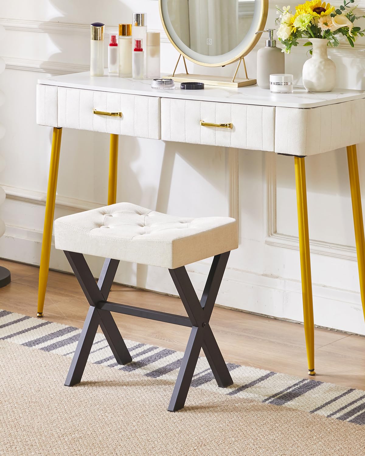 IBUYKE U-Shaped PU Vanity Stool, Square Makeup Chair with X-Leg, Ottoman Seat Footrest Stool, Multi-Use as Small Side Table, for Bedroom, Living Room, Black WBD019B