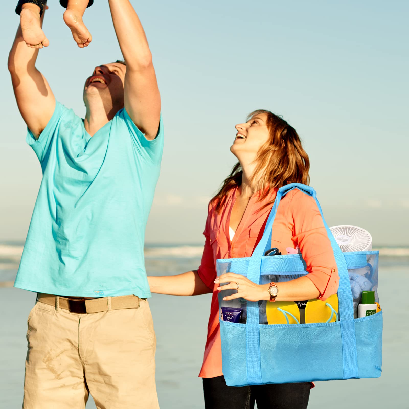 Mesh Beach Bag - Large Waterproof Beach Tote Bag with Zipper, Oversized Foldable Lightweight Family Swim Bag Vacation