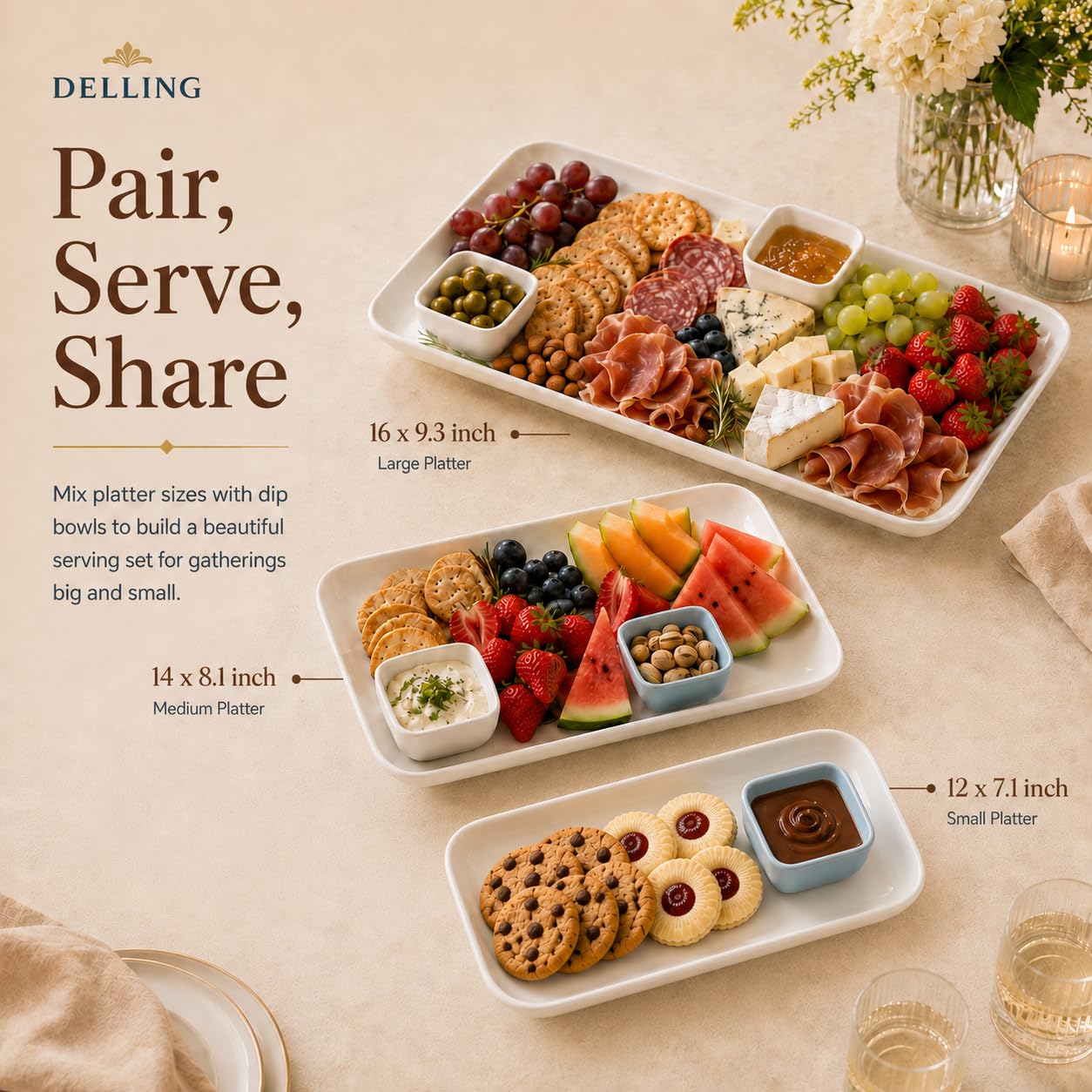 DELLING Large Serving Platter Set of 3, 16/14/12 Inch Porcelain Serving Trays for Party - Black Ceramic Rectangular Platters for Entertaining,Platter for Thanksgiving Christmas, Dishwasher Oven Safe