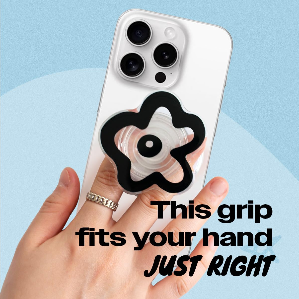 OnTheGrip Cute Transparent Daisy Flower Shape Design Mobile Phone Grip Multi Functional Collapsible Stand Holder for Smartphone Tablet Cell Phone Accessory (Black)