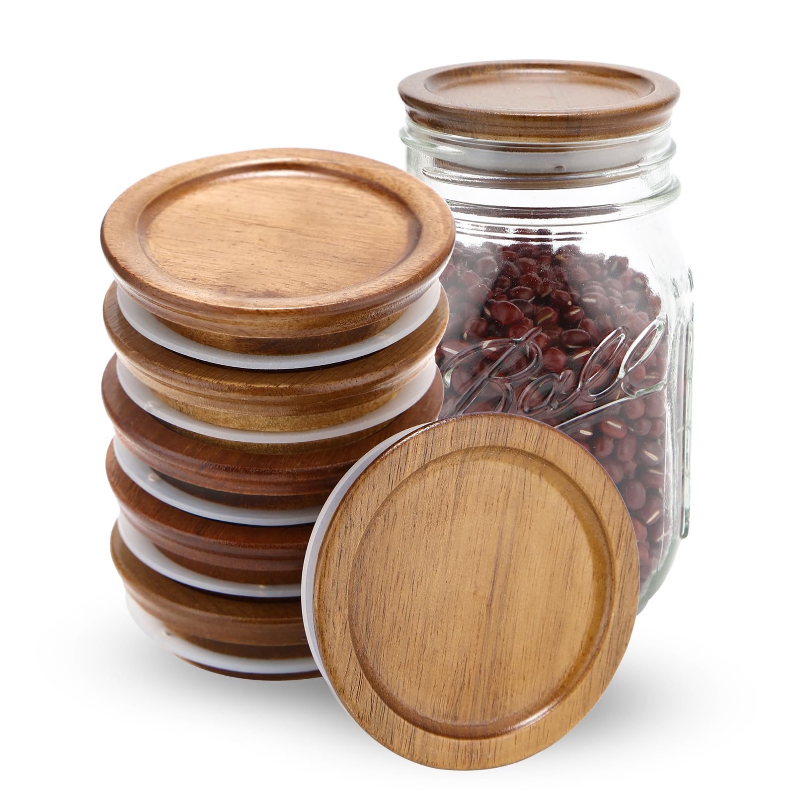 6 Pack Wide Mouth Mason Jar Lids Reusable canning lids Acacia Wooden mason jar Lids with Airtight Silicone Seal, Brown (6PCS Wide Lids)