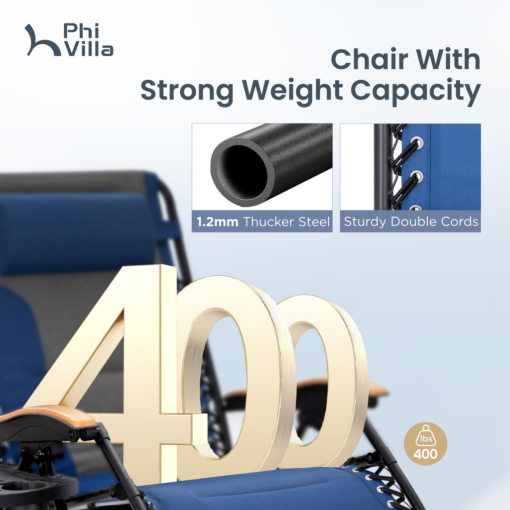 PHI VILLA XXL Oversized Padded Zero Gravity Chair Set of 2, Foldable Patio Recliner, 30" Wide Seat Anti Gravity Lounger with Armrest and Cup Holder, Support 400 LBS (Aqua Blue)