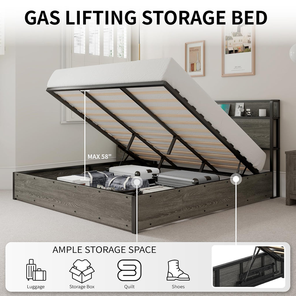 LUXOAK Full Size Lift Up Storage Bed, Wood Platform Bed Frame with Storage Headboard & Charging Station, No Box Spring Needed, Easy Assembly, Black