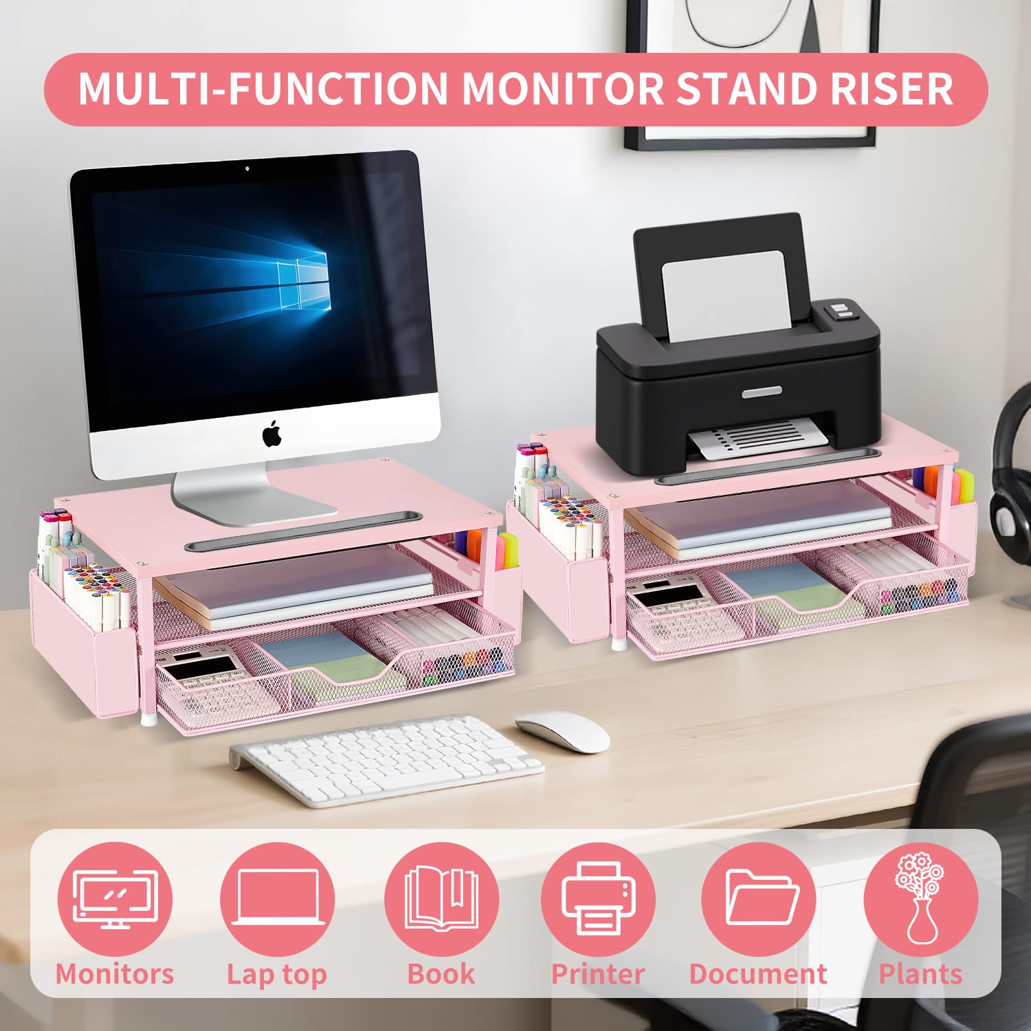 AUPSEN 2 Tier Computer Monitor Stands with Drawer and 2 Pencil Holder, Metal Monitor Stand Monitor riser, Computer Desk Organizer and Accessories for Laptop, Computer, Printer, Office Supplies(Black)