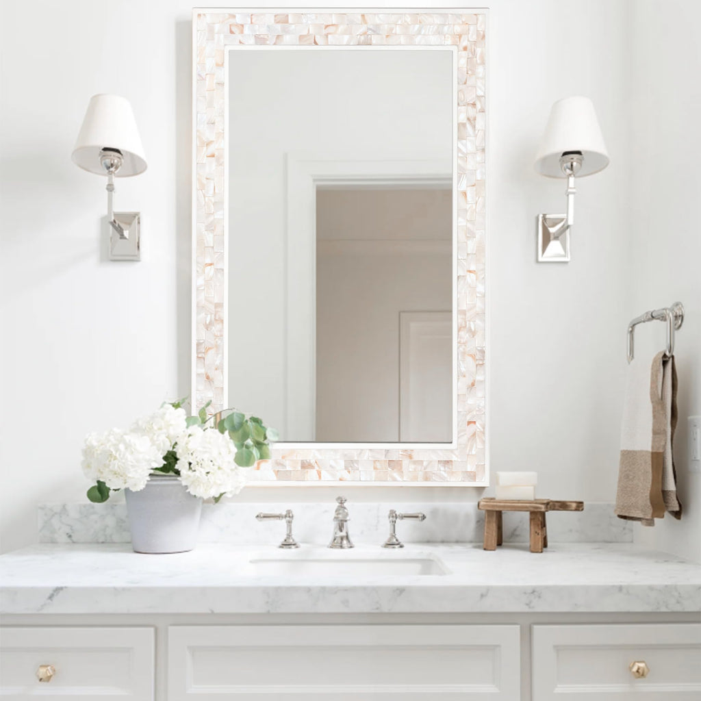 Tanmicoshomy Round Wall Mirror 24 Inch,Circle Mosaic Mirror with Natural Mother of Pearl and Wood Frame, Decorative Coastal Round Wall Mirror for Bathroom Bedroom Living Room Entryway