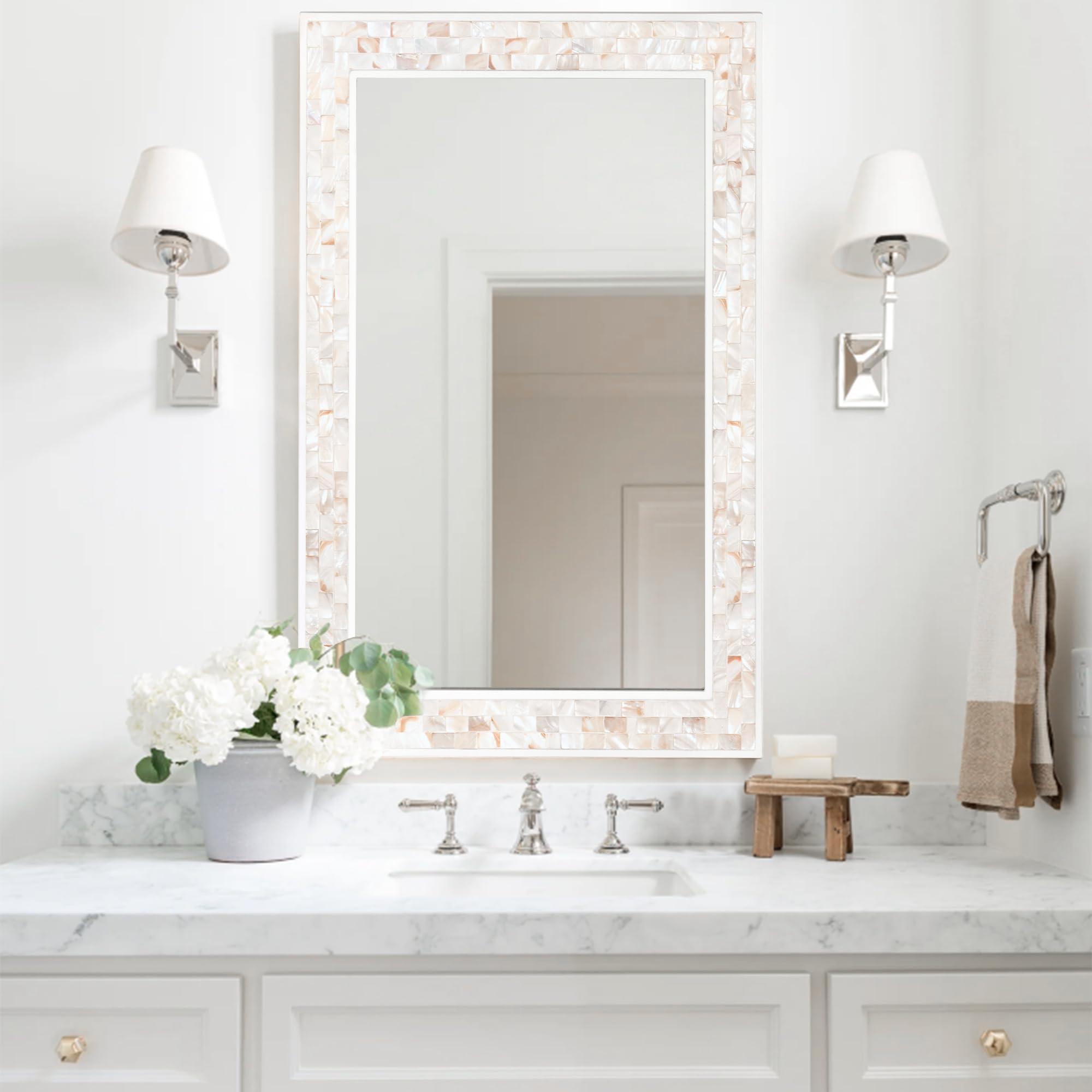 Tanmicoshomy Round Wall Mirror 24 Inch,Circle Mosaic Mirror with Natural Mother of Pearl and Wood Frame, Decorative Coastal Round Wall Mirror for Bathroom Bedroom Living Room Entryway