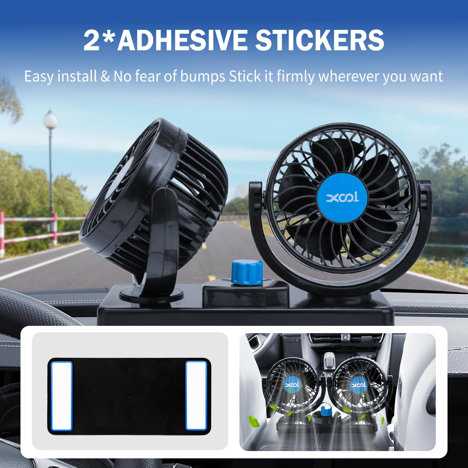 XOOL Clip Car Fan, 9 Inches 12V/24V Fan, 360° Rotatable Electric Cooling Clip on Fan with Stepless Speed Regulation for SUV, RV, Truck