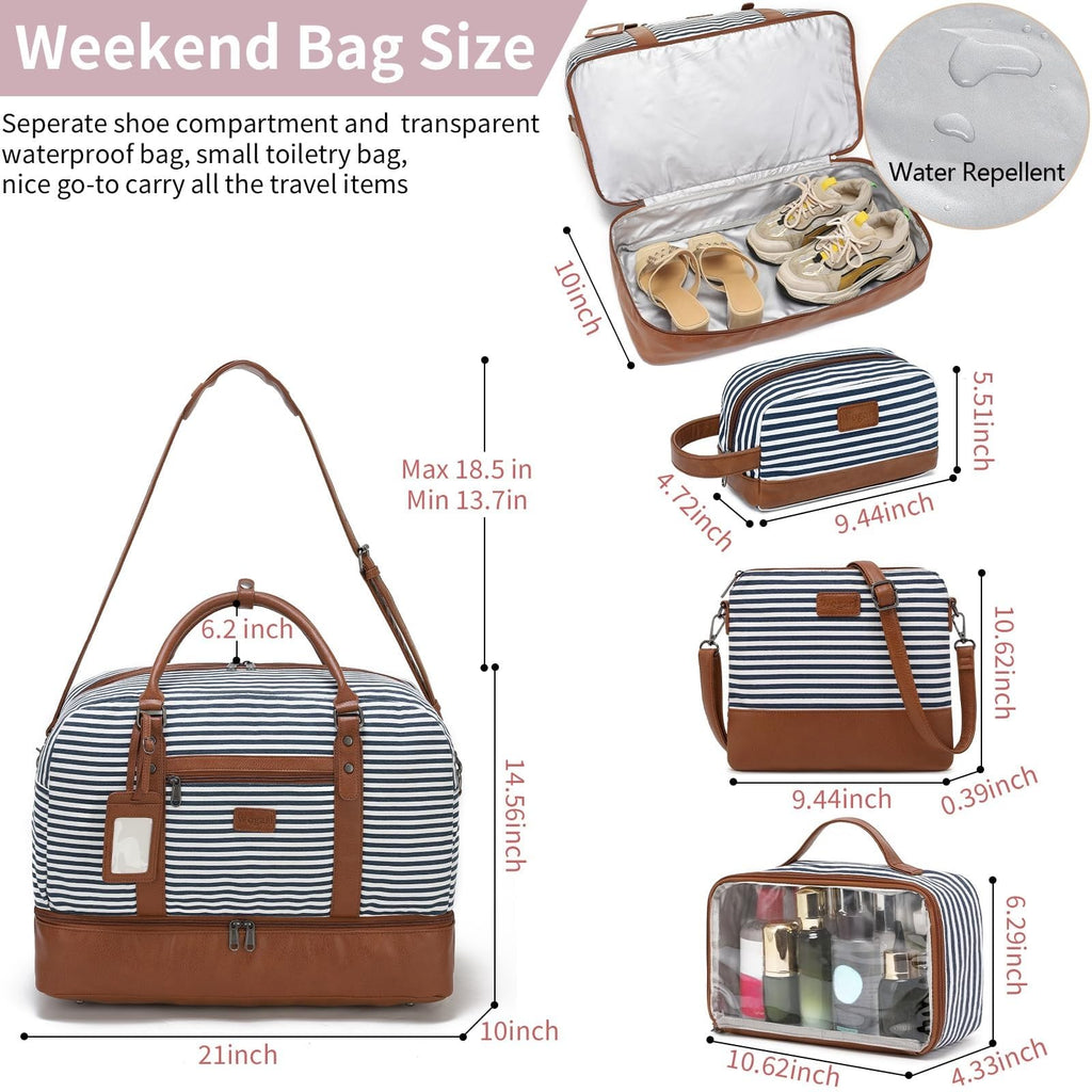 Wogarl 4PCS Weekender Bags for Women Large Overnight Weekend Travel Duffel Carry on Shoulder with Shoe Compartment Canvas Toiletry Bag for Travel Business Gym