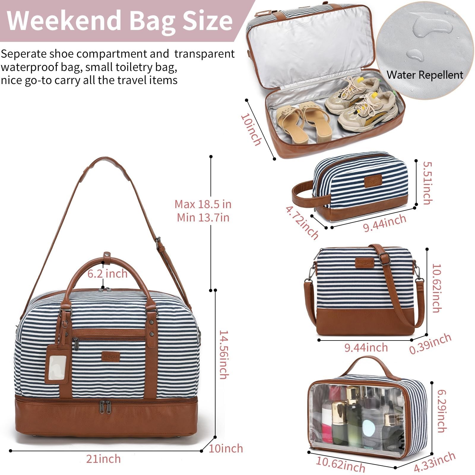 Wogarl 4PCS Weekender Bags for Women Large Overnight Weekend Travel Duffel Carry on Shoulder with Shoe Compartment Canvas Toiletry Bag for Travel Business Gym