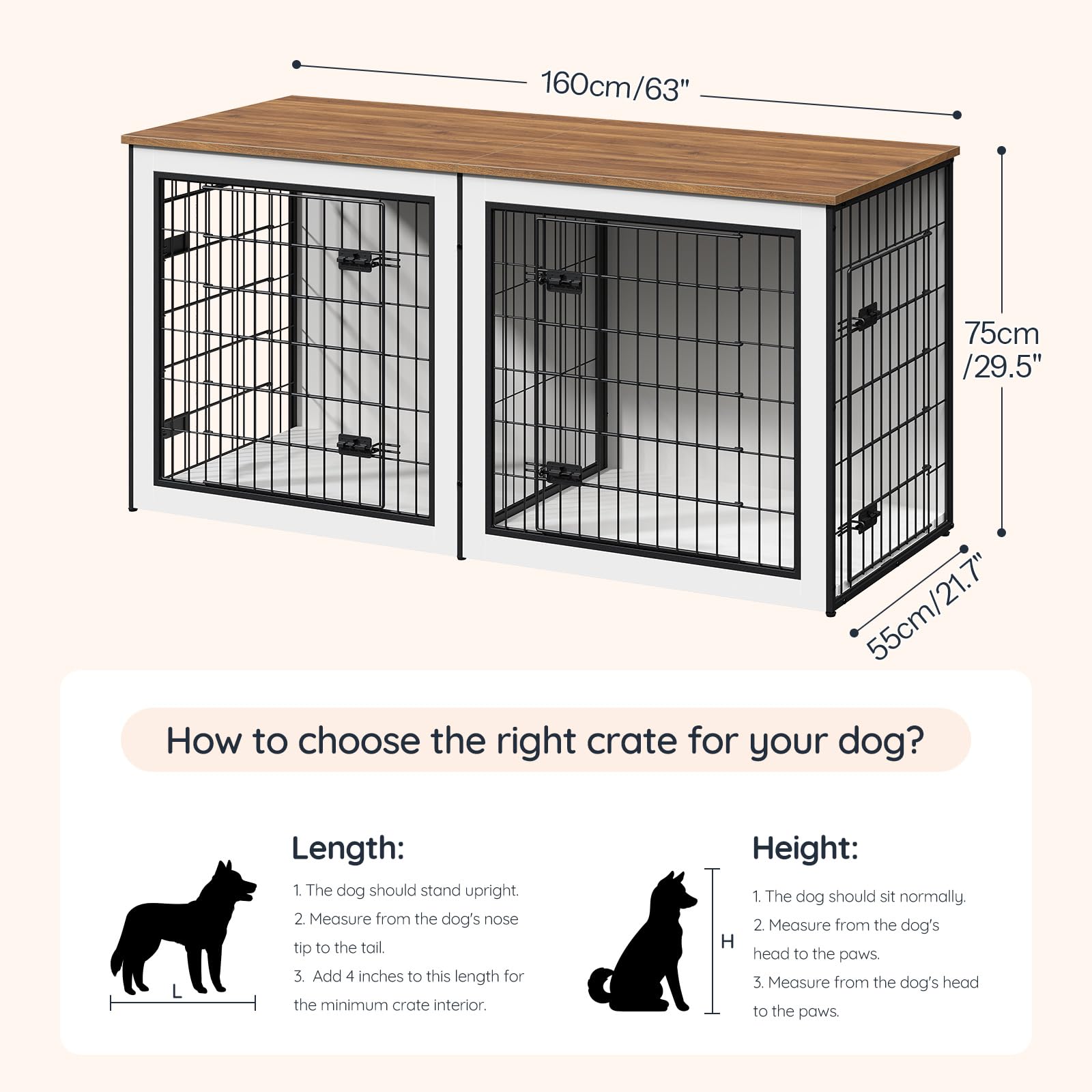 HOOBRO Dog Crate Furniture for 2 Dogs, 63" Large Double Dog Crate Furniture with Divider, Wooden Indoor Kennel TV Stand for Medium Large Dogs, Rustic Brown BF55GW03