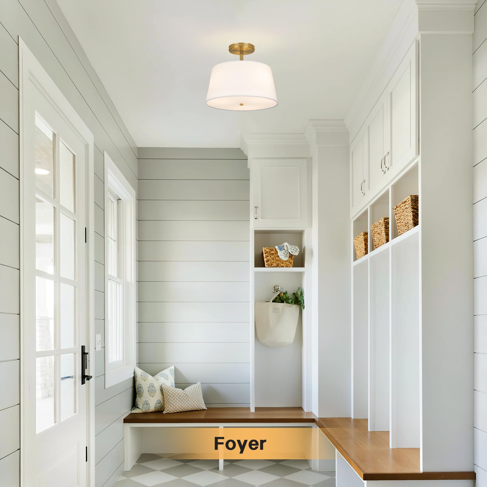 CALOKES Semi Flush Mount Ceiling Light, 11.8" Modern 3-Light Fixture with Petal-Shaped Cream White Fabric Shade and Golden Support Arm, Ideal for Bedroom, Kitchen, Living Room, Hallway, and Entryway