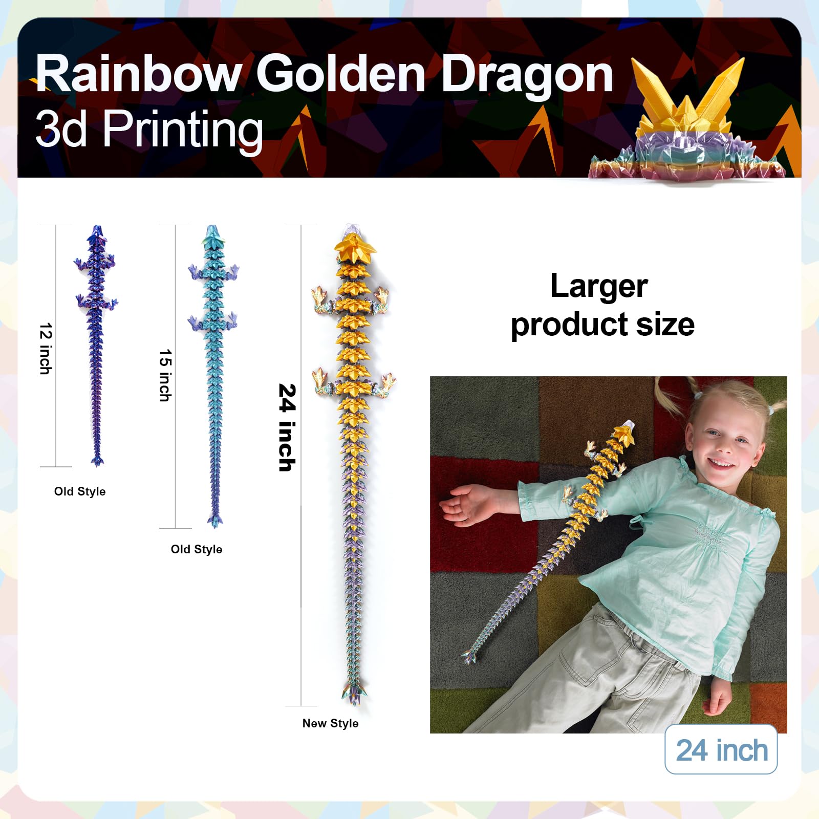 24" Large 3D Printed Dragon - Huge Articulated Crystal Dragon Fidget Toy, Giant Flexible 3D Dragon Figure, Birthday Gift for Boys Girls Kids & Collectors, Home Office Executive Desk Decor