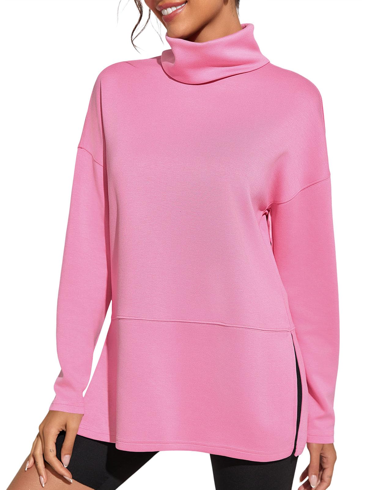 Fisoew Women's Turtleneck Oversized Sweatshirt Casual Long Sleeve Loose Side Slit Pullovers Tunic Tops
