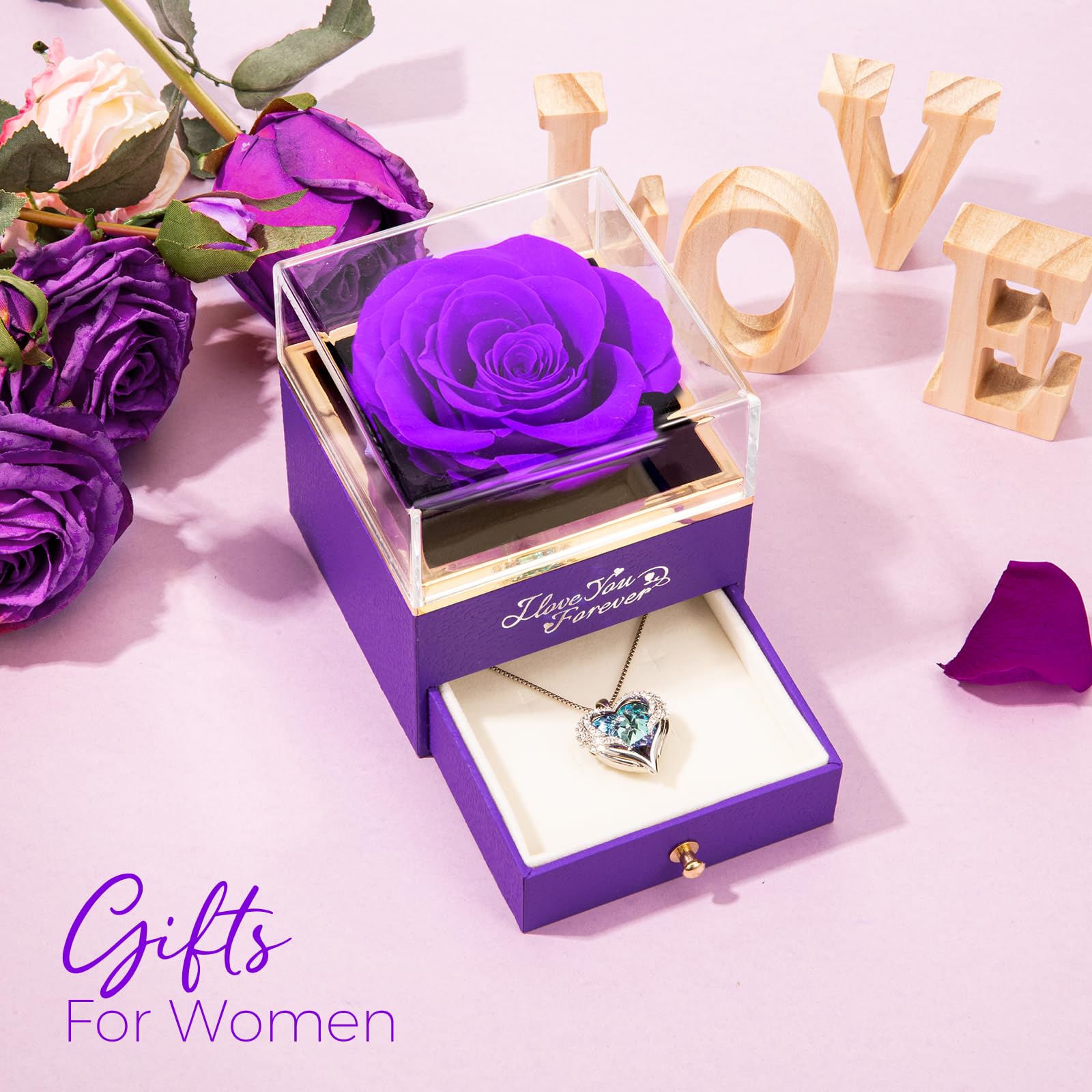 NEWNOVE Preserved Real Light Blue Rose with Angle Wings Necklace, Anniversary Birthday Gifts for Women Wife Girlfriend Mom Gift Ideas for Christmas Mothers Day Valentines Day, I Love You Gifts