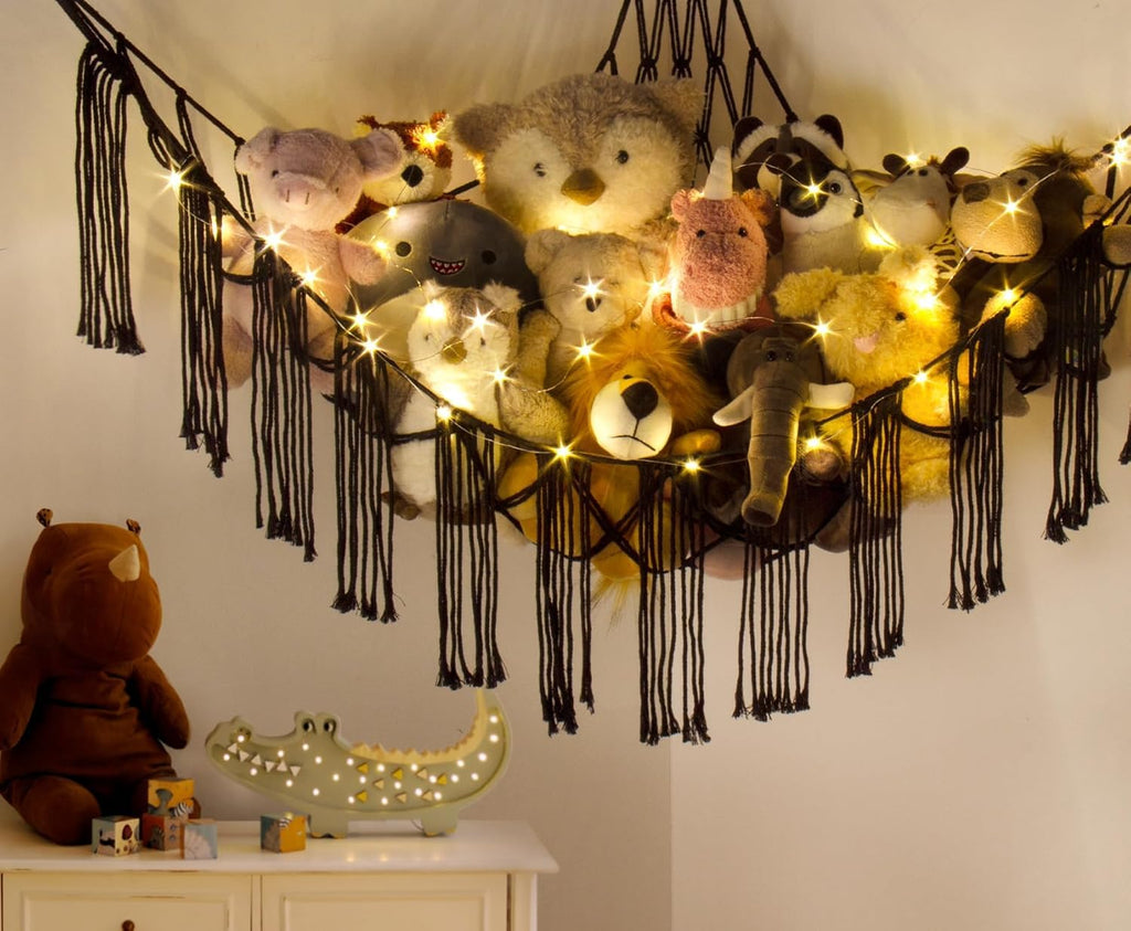 Stuffed Animal Hammock Corner with LED Light - Toy Storage Hammock Plushie Net Large - Cute Stuff Animals Holder Hanging Organizer - Baby Room Decor Kids Toddler Nursery Bedroom Boho