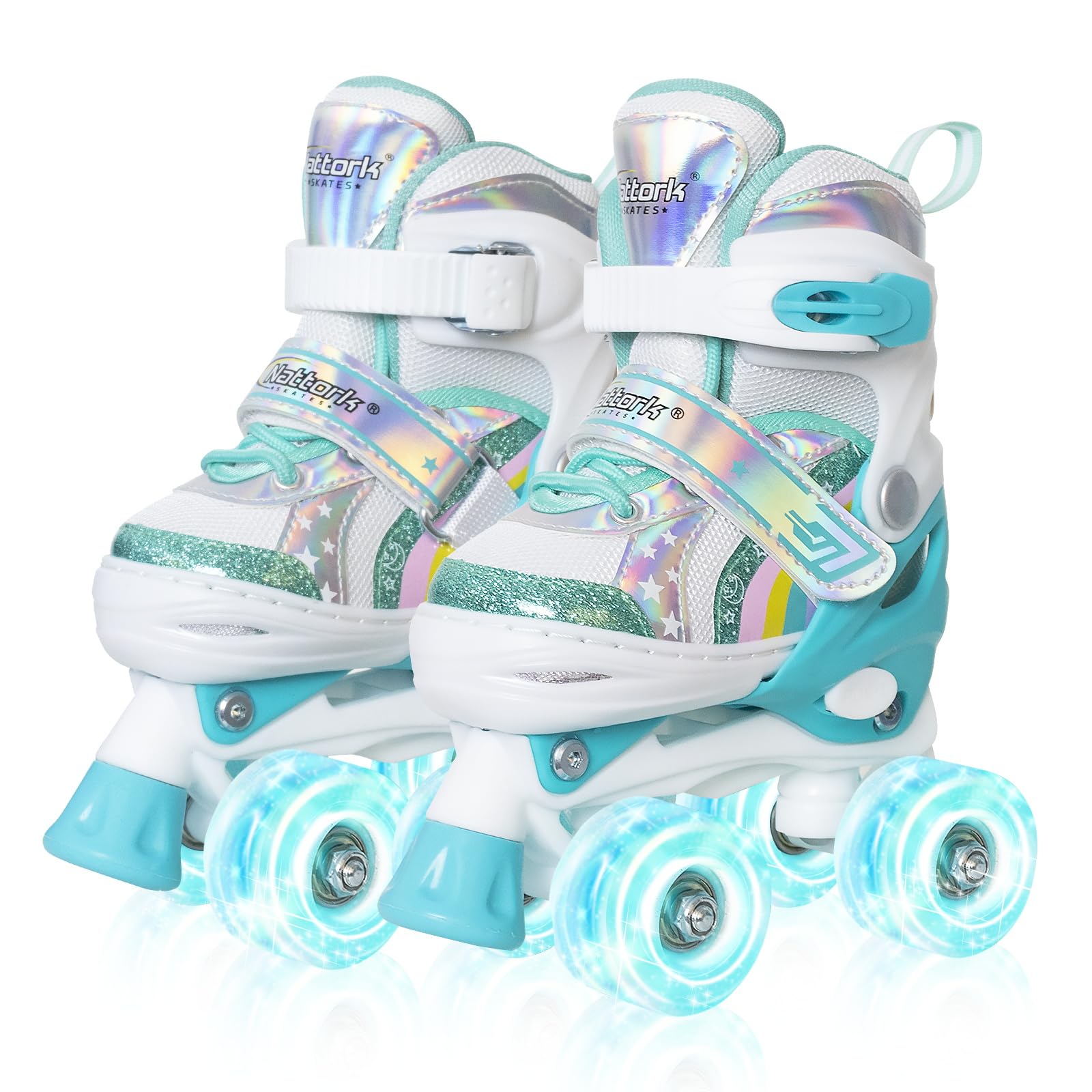 Nattork Girls Roller Skates for Kids, 4 Size Adjustable Rainbow Quad Skates with All Light Up Wheels - Best Birthday Gift for Outdoor Sports
