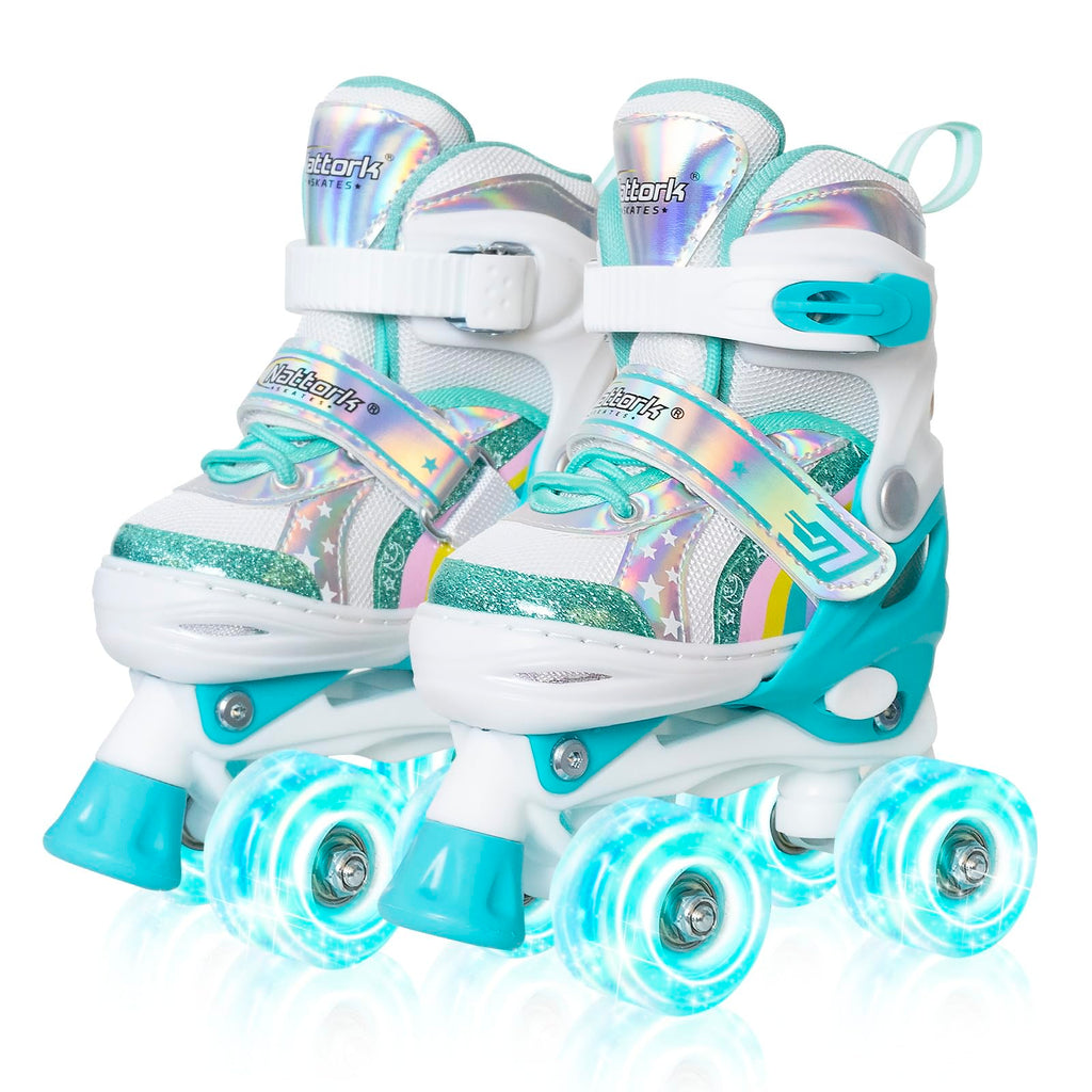 Nattork Girls Roller Skates for Kids, 4 Size Adjustable Rainbow Quad Skates with All Light Up Wheels - Best Birthday Gift for Outdoor Sports
