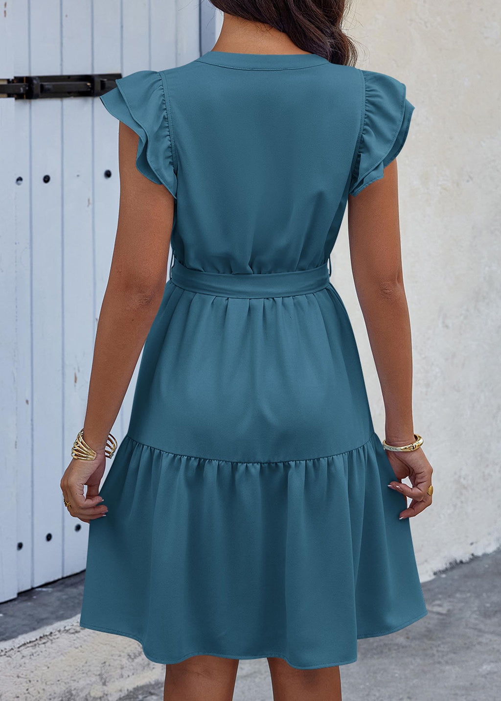 KIRUNDO Summer Dresses for Women 2026 Spring Flutter Sleeve V Neck Ruffle Flowy Tiered Knee Length Beach Vacation Sundress