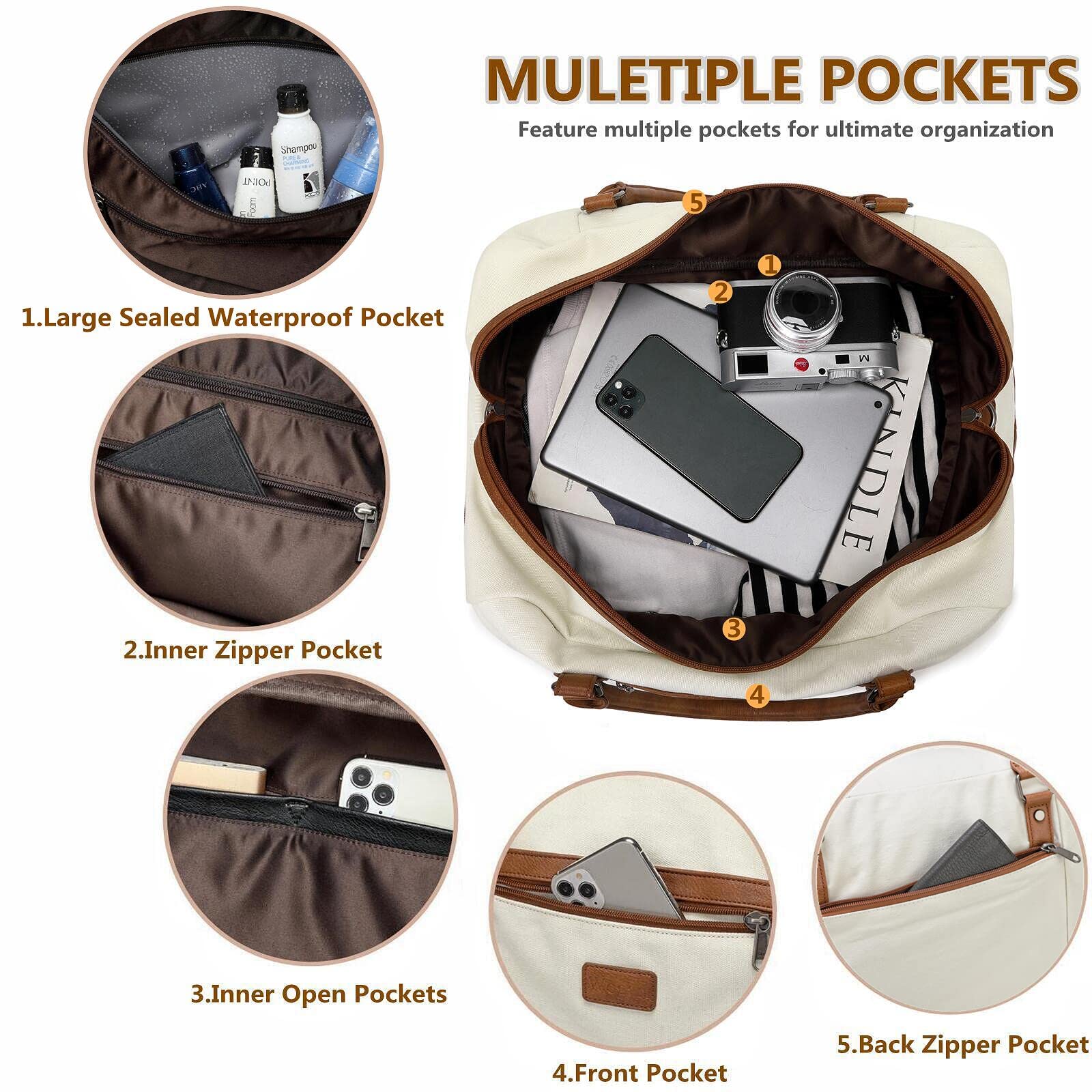 Wogarl 4PCS Weekender Bags for Women Large Overnight Weekend Travel Duffel Carry on Shoulder with Shoe Compartment Canvas Toiletry Bag for Travel Business Gym