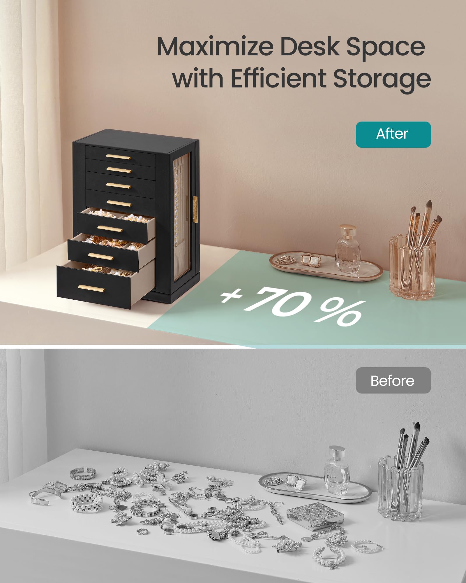 SONGMICS GISELLA Collection - Jewelry Box Organizer 360° Rotating, Vertical Jewelry Storage Case with 5 Drawers, Glass Window, Spacious, Open Design, Great Gift, Cloud White UJBC170W01