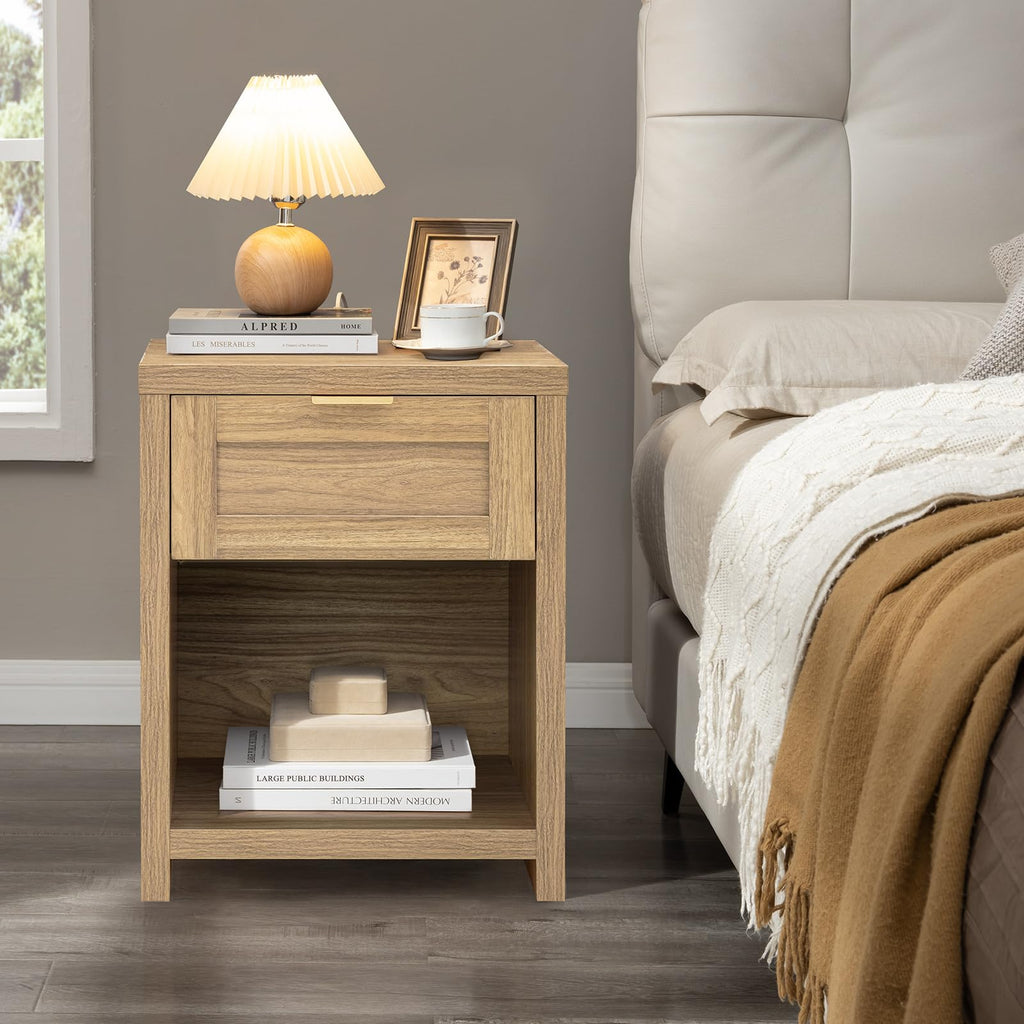 OAKHAM HOME Nightstand Set of 2 Farmhouse Bedside Tables with Drawer and Storage Shelf Modern Boho End Side Tables for Bedroom Sofa, Light Oak
