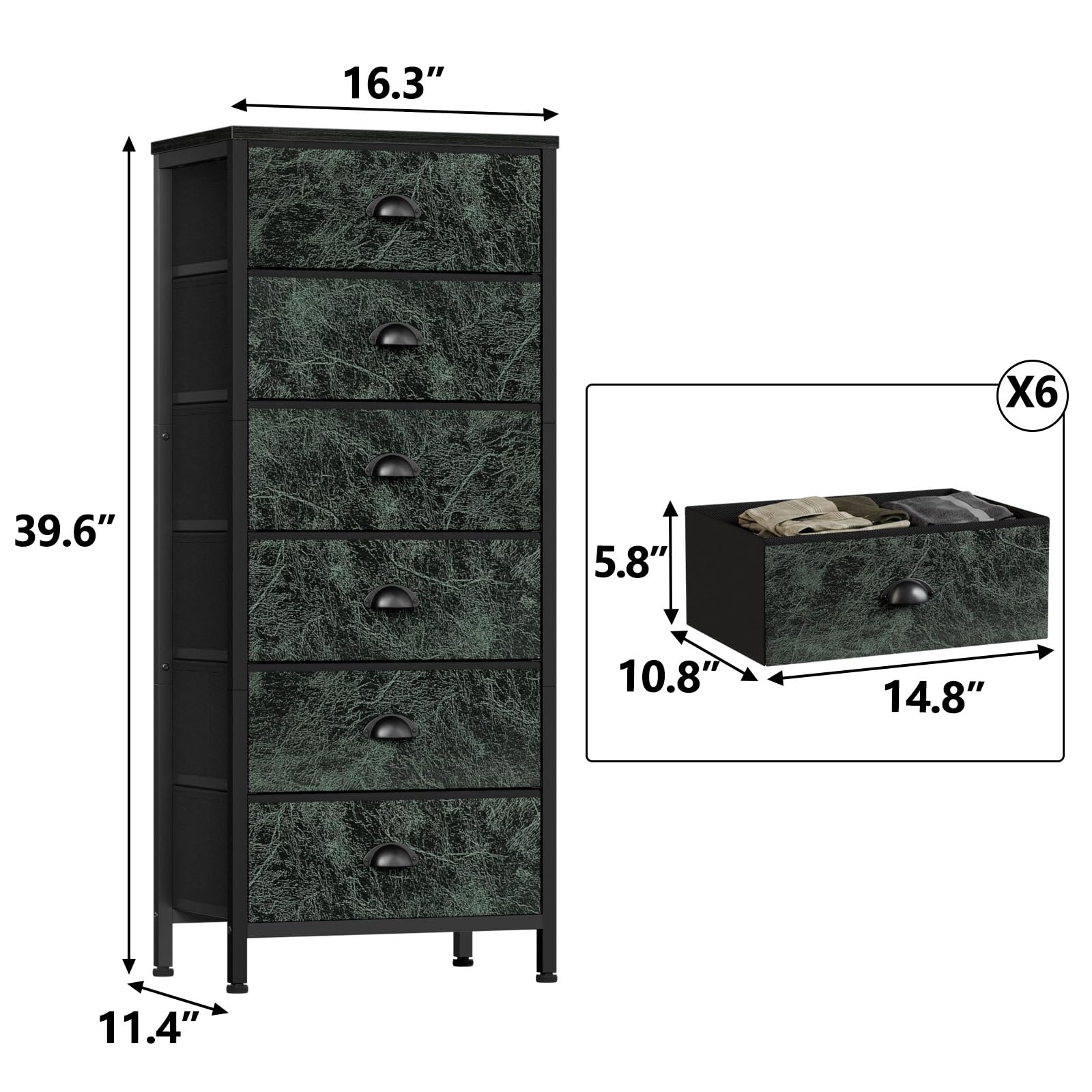Furnulem Tall Dresser with 6 Drawers,Vertical Bedside End Table & Chest for Bedroom,Black Storage Tower Dorm Nightstand with Fabric Drawer Organizer Unit Furniture in Living Room,Closet,Hallyway