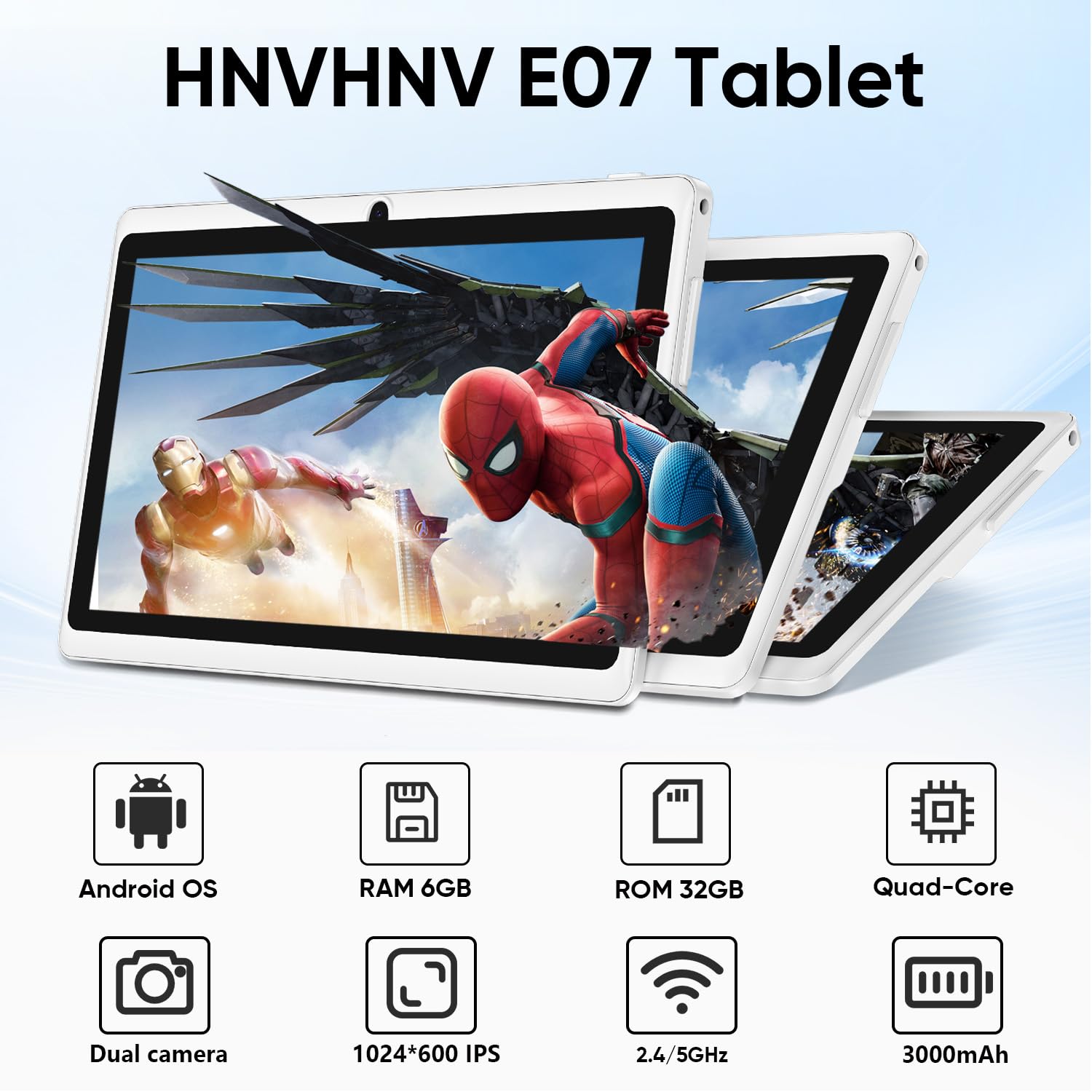 HNVHNV Android Tablet 7 Inch Tablet, 6GB RAM 32GB ROM 1TB Expansion, Quad-core Processor, Dual Camera, WiFi, Bluetooth, Parental Control (Black)