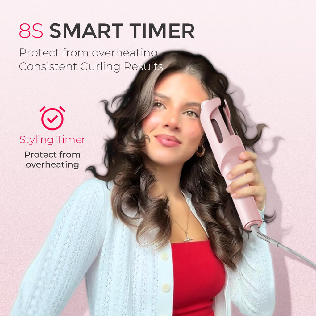 TYMO Automatic Rotating Curling Iron - TYMO CURLPRO Beach Waves Curling Wand, Portable Hair Curler, 500 Million Ionic, Dual Voltage & Lightweight for Travel, Ceramic Coating, 1 Inch, Pink