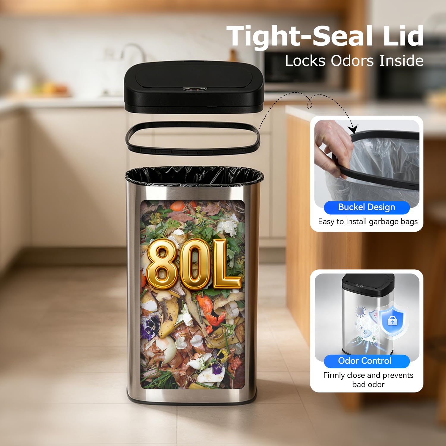 BestOffice 22 Gallons Automatic Sensor Large Kitchen Trash Can with Stainless Steel, Touchless Garbage Bin with Lid for Kitchen, Home, Office Waste Bin 82L