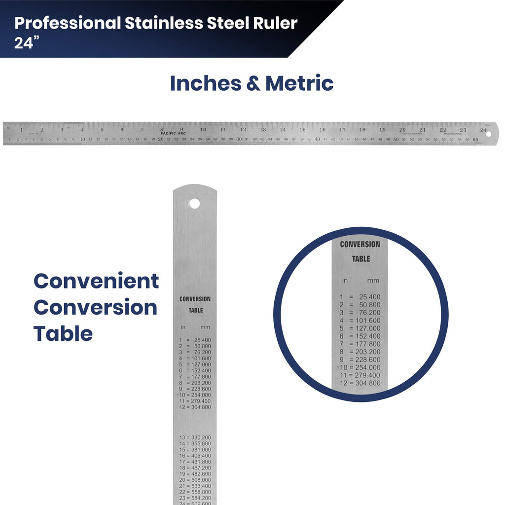 2 Pack Pacific Arc 12 Inch Stainless Steel Ruler with Inch/Metric Conversion Table