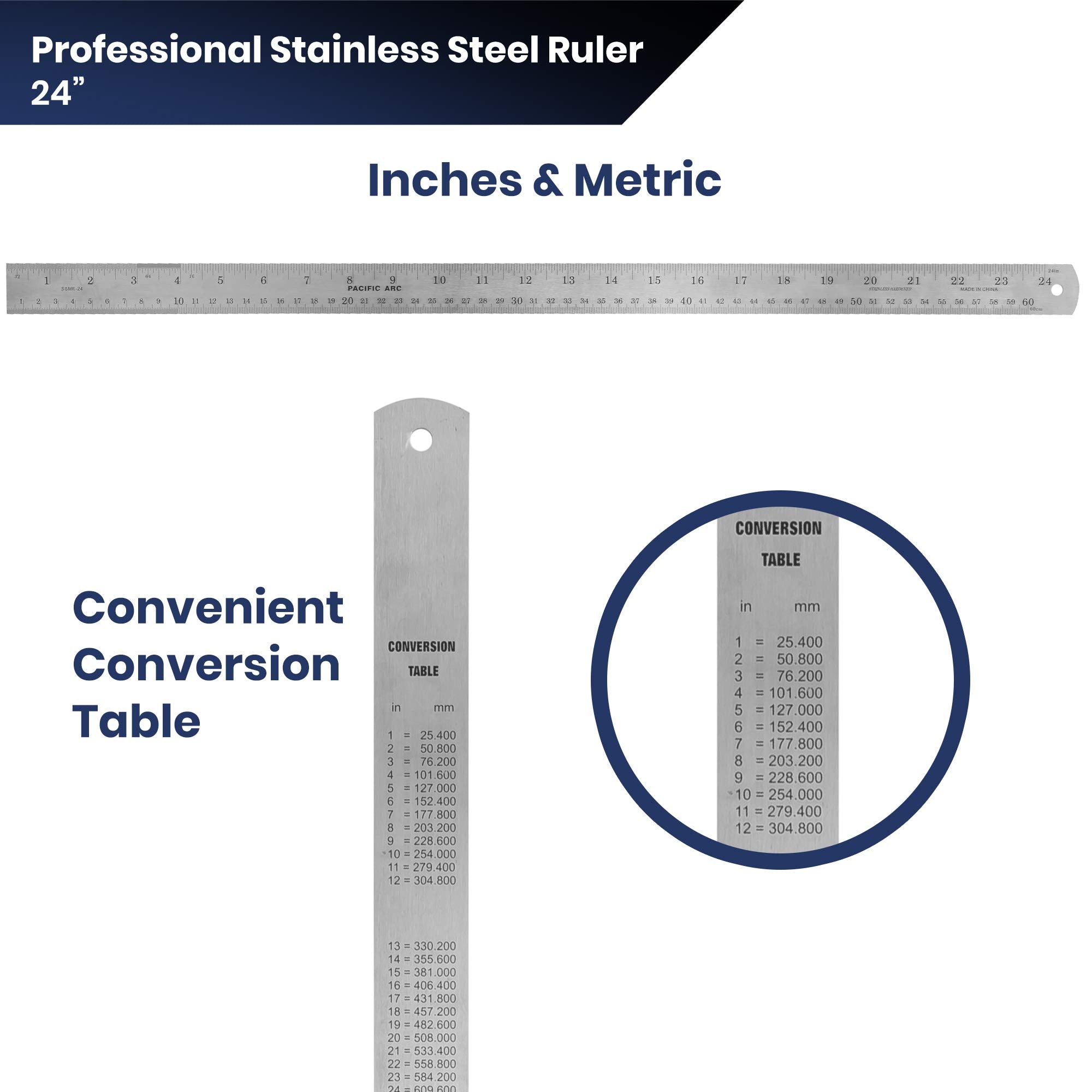 2 Pack Pacific Arc 12 Inch Stainless Steel Ruler with Inch/Metric Conversion Table